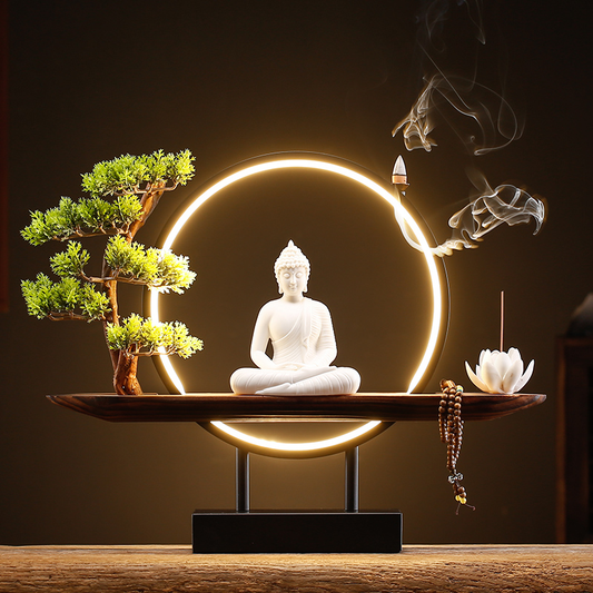 Enlightening Spaces: The Serenity of a White Ceramic Buddha with LED Ring Light Stand