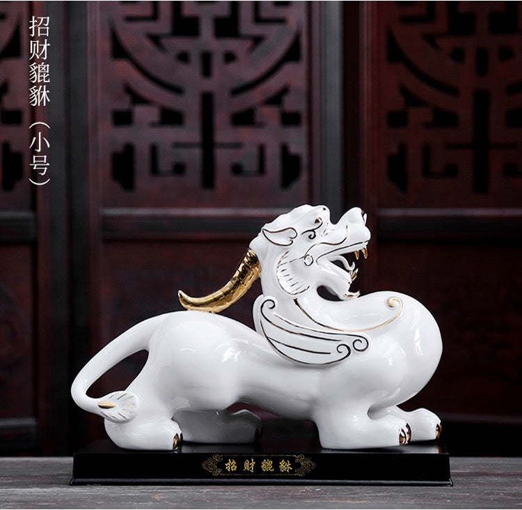 Ceramic Pi Xiu Sculpture & Statue | Fengshui | Good Fortune and Prosperity | Home Decor | Office Blessing | White and Red Pi Xiu