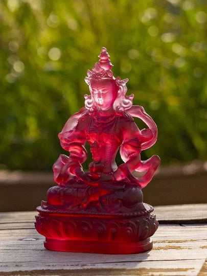 Red Liu Li Longevity Buddha Statue | Glass Sculputre Ornaments | Religion | Amitayus Buddha | Tibetan Mantra | Altar Praying | Meditation