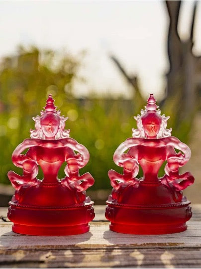 Red Liu Li Longevity Buddha Statue | Glass Sculputre Ornaments | Religion | Amitayus Buddha | Tibetan Mantra | Altar Praying | Meditation