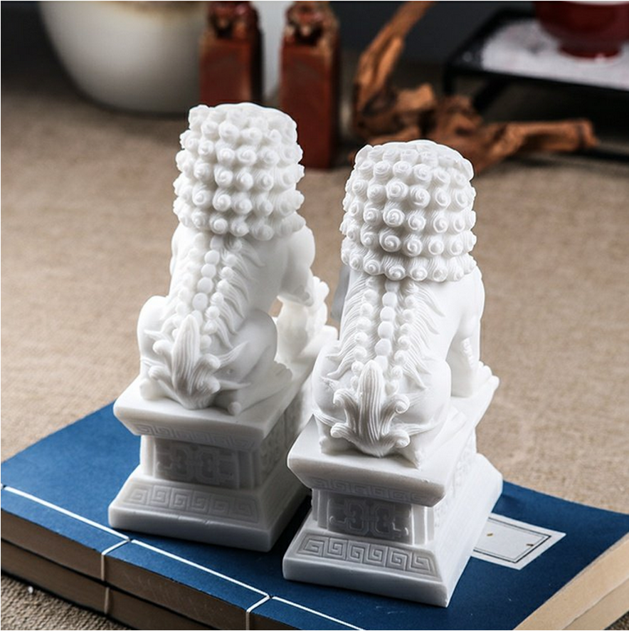 Auspicious White Color Foo Dogs Guardian Lion Sculpture & Statue | Fengshui | Home Decor | Office Blessing | Chinese architectural culture