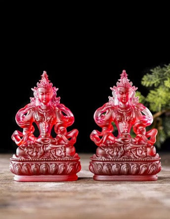 Red Liu Li Longevity Buddha Statue | Glass Sculputre Ornaments | Religion | Amitayus Buddha | Tibetan Mantra | Altar Praying | Meditation