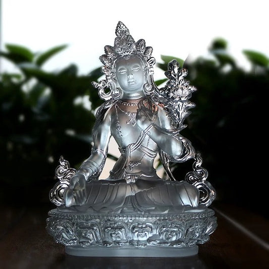 Liu Li Clear White Tara Statue | Buddha Statue | Crystal Glass Sculputre Ornaments | Religion