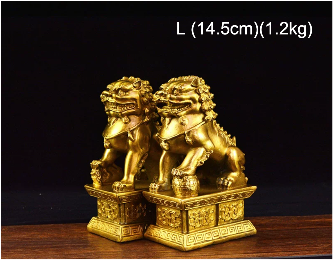 Auspicious Pure Brass Foo Dogs Guardian Lion Sculpture & Statue | Fengshui | Home Decor | Office Blessing | Chinese architectural