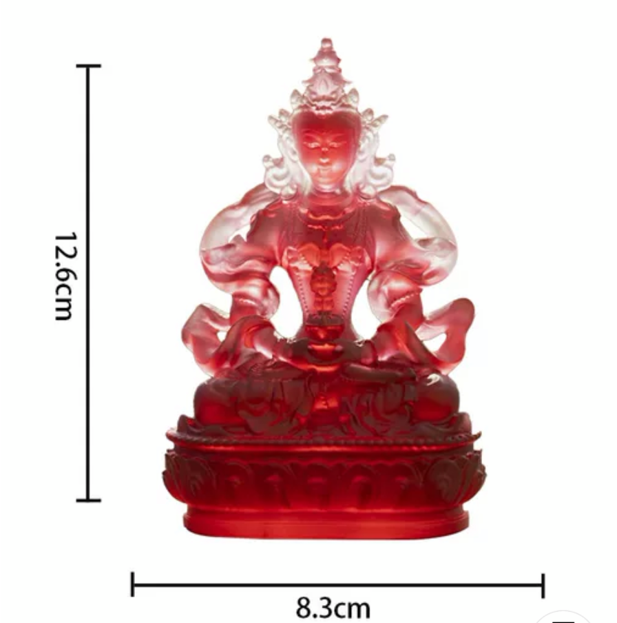 Red Liu Li Longevity Buddha Statue | Glass Sculputre Ornaments | Religion | Amitayus Buddha | Tibetan Mantra | Altar Praying | Meditation