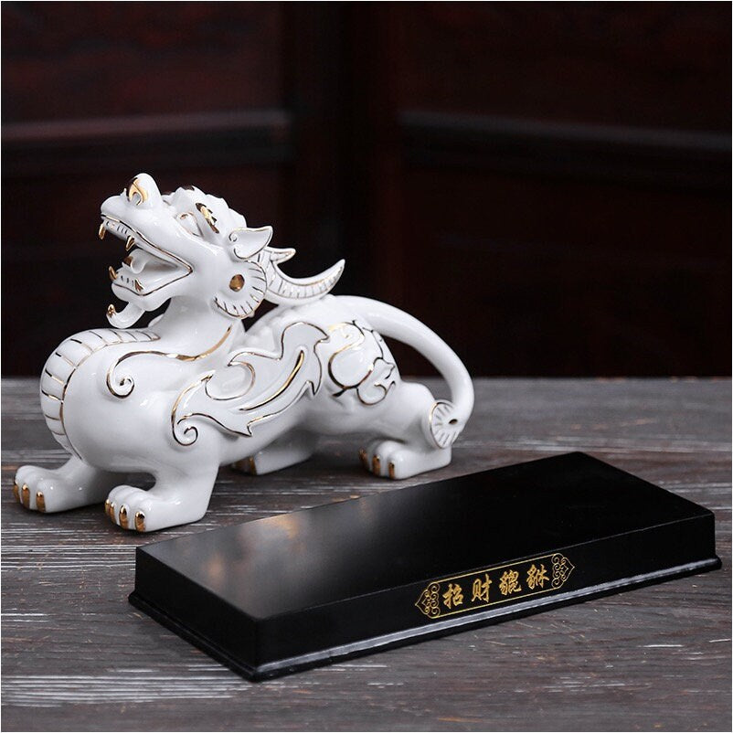 Ceramic Pi Xiu Sculpture & Statue | Fengshui | Good Fortune and Prosperity | Home Decor | Office Blessing | White and Red Pi Xiu