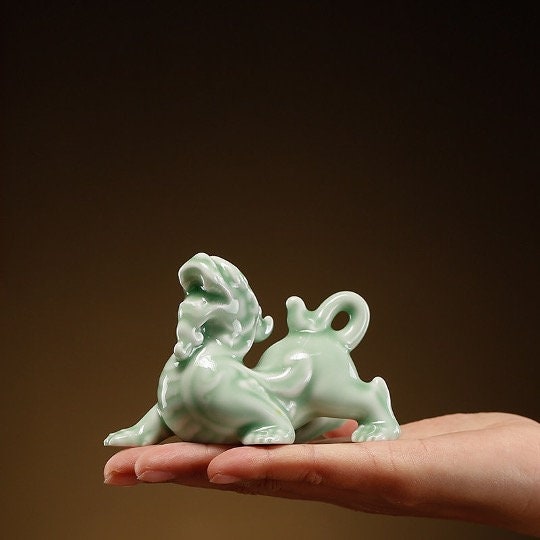 Auspicious Ceramic Jade Green Pi Xiu Sculpture & Statue | Fengshui | Good Fortune and Prosperity | Home Decor | Office Blessing