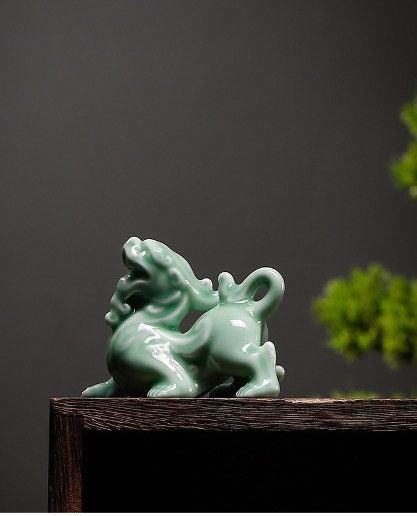 Auspicious Ceramic Jade Green Pi Xiu Sculpture & Statue | Fengshui | Good Fortune and Prosperity | Home Decor | Office Blessing