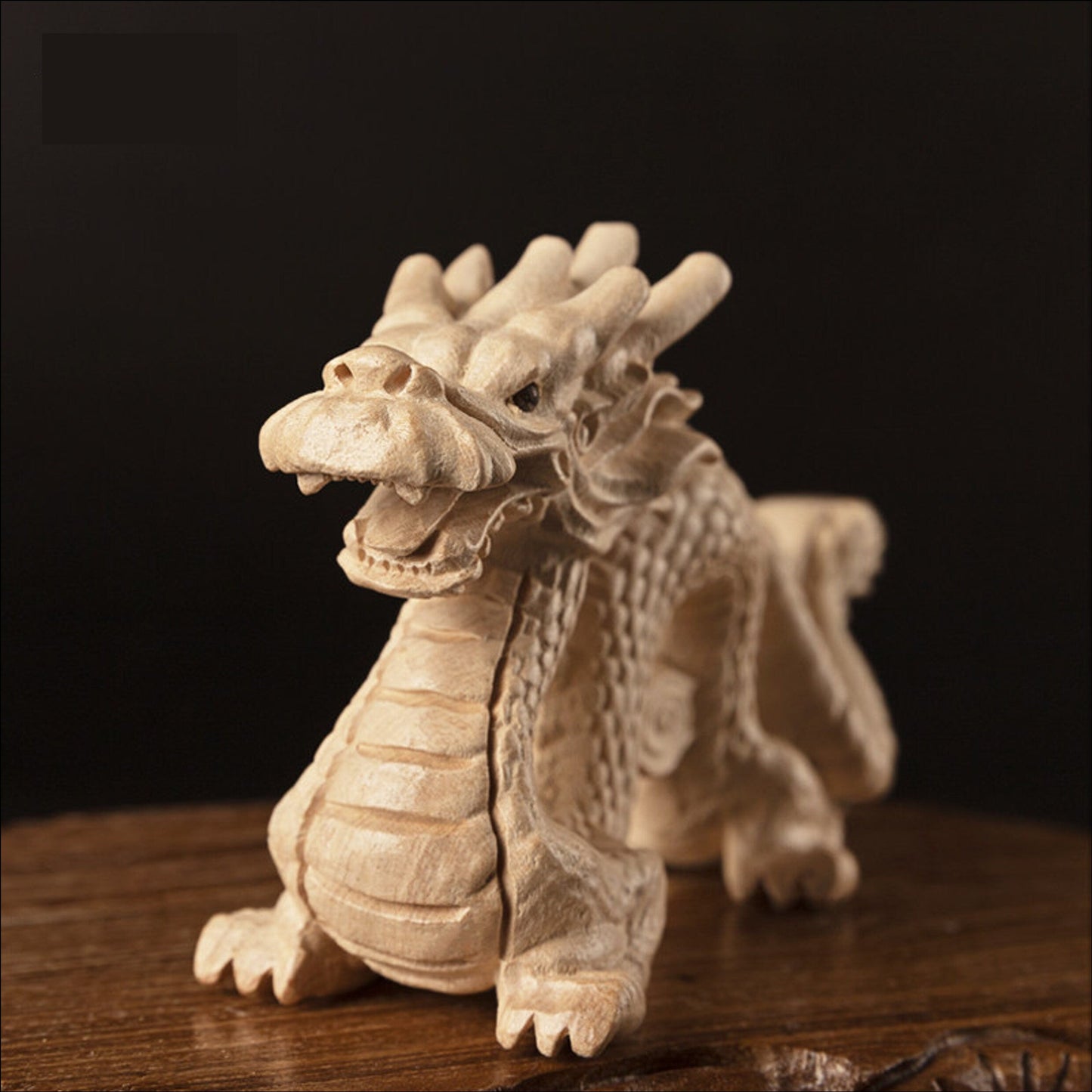 Wood Craft Dragon Sculpture & Statue | Fengshui | Good Fortune and Prosperity | Home and Office Display｜Mahogany Wood