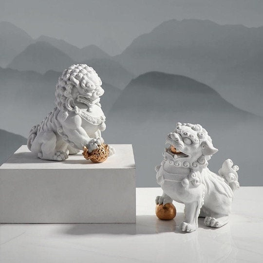 Auspicious White Color Foo Dogs Guardian Lion Sculpture & Statue | Fengshui | Home Decor | Office Blessing | Chinese architectural