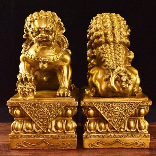 Auspicious Pure Brass Foo Dogs Guardian Lion Sculpture & Statue | Fengshui | Home Decor | Office Blessing | Chinese architectural