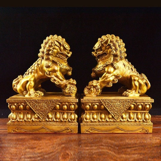 Auspicious Pure Brass Foo Dogs Guardian Lion Sculpture & Statue | Fengshui | Home Decor | Office Blessing | Chinese architectural