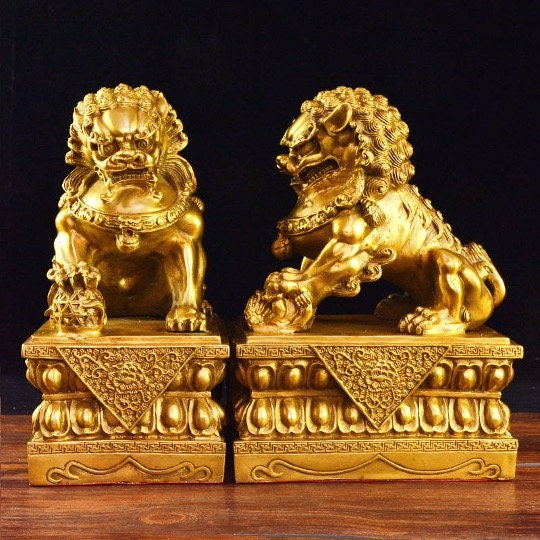 Auspicious Pure Brass Foo Dogs Guardian Lion Sculpture & Statue | Fengshui | Home Decor | Office Blessing | Chinese architectural