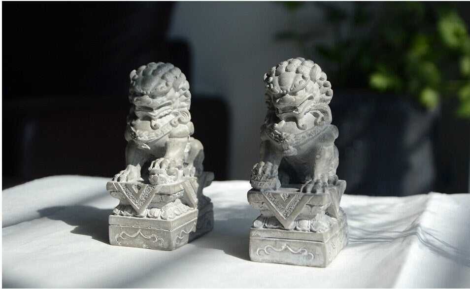 Mini Auspicious Cement Foo Dogs Guardian Lion Sculpture & Statue | Fengshui | Home Decor | Office Blessing | Chinese architectural