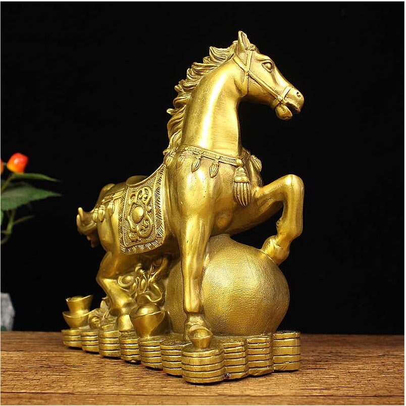 Auspicious Pure Brass Golden Horse Sculpture & Statue | Fengshui | Home Decor | Office Blessing | Gift for Business