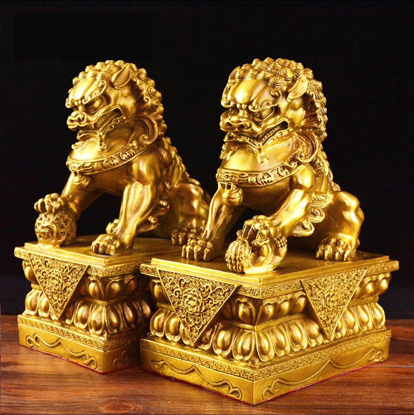 Auspicious Pure Brass Foo Dogs Guardian Lion Sculpture & Statue | Fengshui | Home Decor | Office Blessing | Chinese architectural