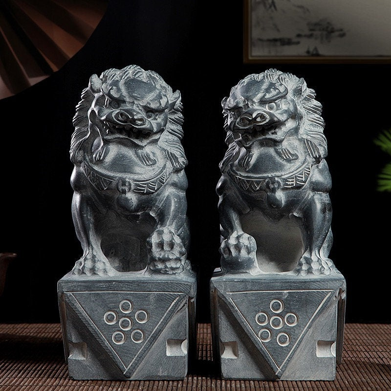 Auspicious Stone Made Foo Dogs Guardian Lion Sculpture & Statue | Fengshui | Home Decor | Office Blessing | Chinese architectural