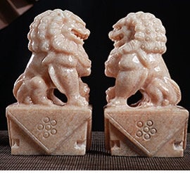 Auspicious Stone Made Foo Dogs Guardian Lion Sculpture & Statue | Fengshui | Home Decor | Office Blessing | Chinese architectural