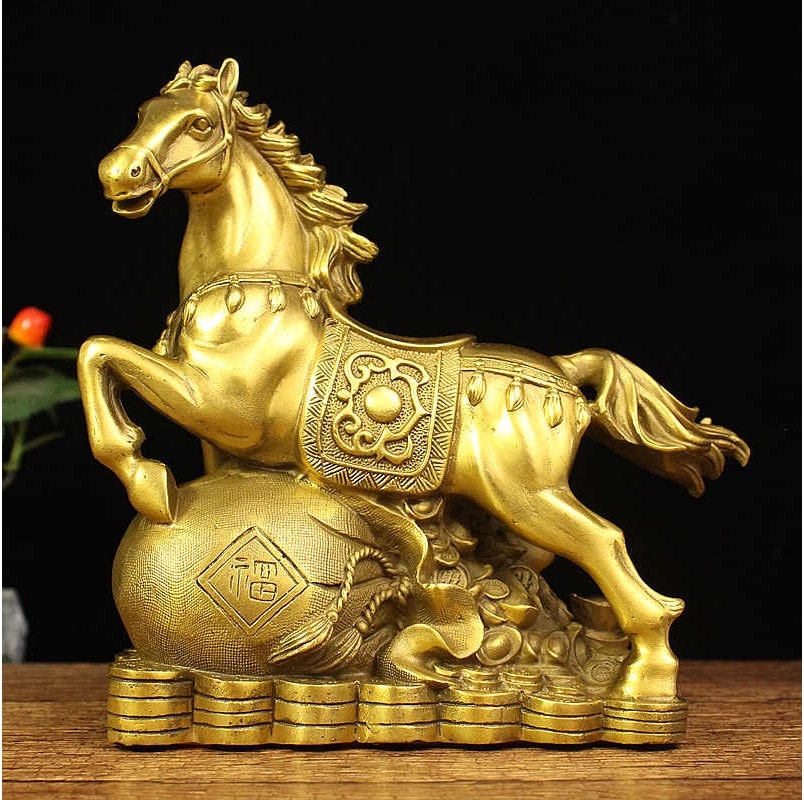 Auspicious Pure Brass Golden Horse Sculpture & Statue | Fengshui | Home Decor | Office Blessing | Gift for Business