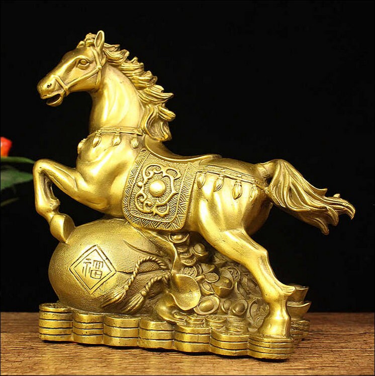 Auspicious Pure Brass Golden Horse Sculpture & Statue | Fengshui | Home Decor | Office Blessing | Gift for Business