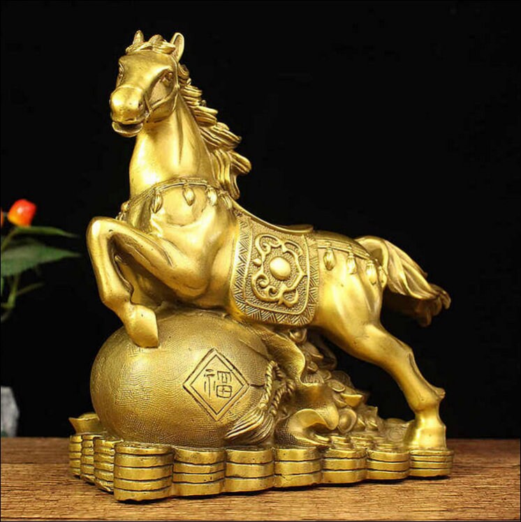 Auspicious Pure Brass Golden Horse Sculpture & Statue | Fengshui | Home Decor | Office Blessing | Gift for Business