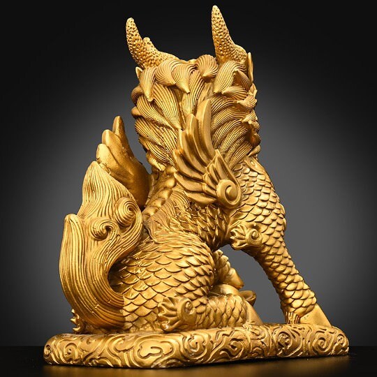 Auspicious Brass Kirin Dragon Sculpture & Statue | Fengshui | Good Fortune and Prosperity | Home Decor | Office Blessing