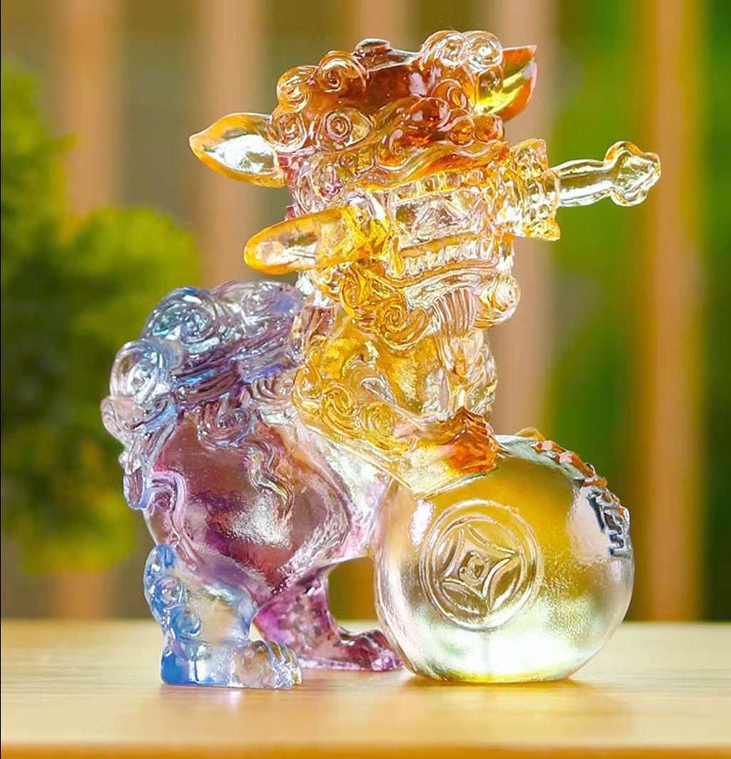 Auspicious Liu Li Foo Dogs Guardian Lion Sculpture & Statue | Fengshui | Home Decor | Office Blessing | Chinese architectural