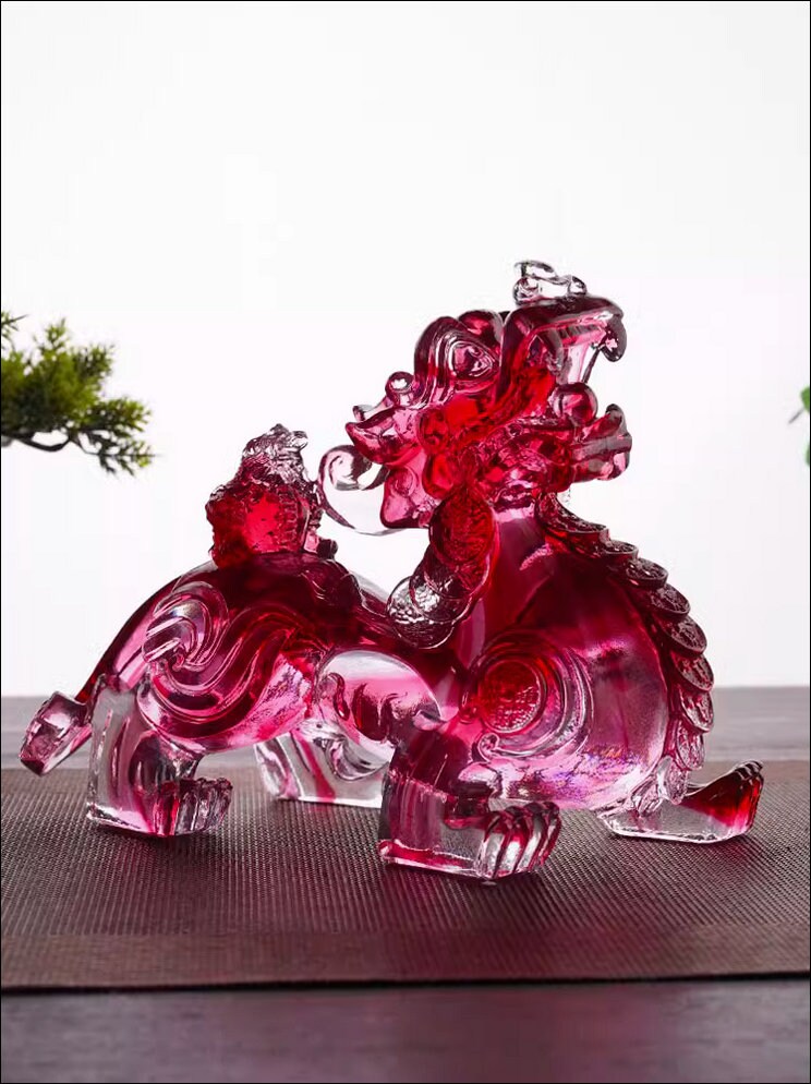 Auspicious Liu Li Glass Red Color Pi Xiu Sculpture & Statue | Fengshui | Good Fortune and Prosperity | Home Decor | Office Blessing