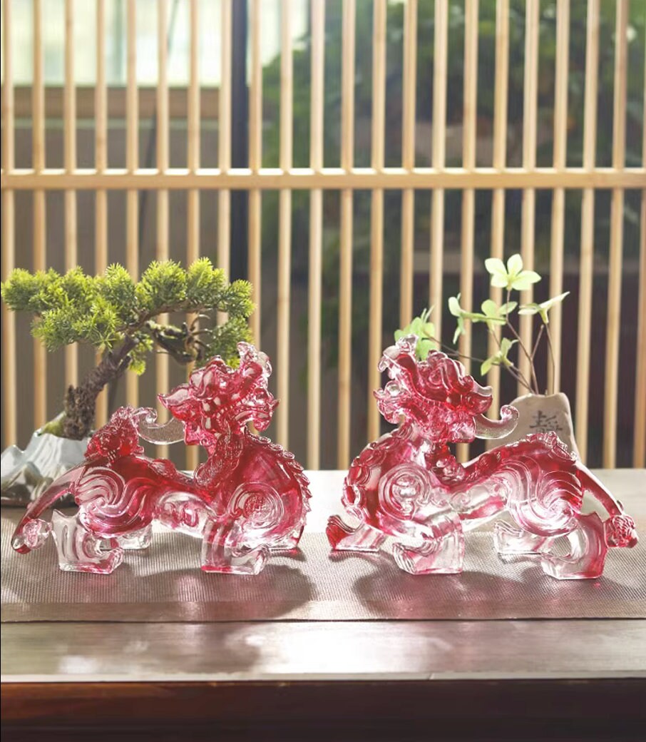 Auspicious Liu Li Glass Red Color Pi Xiu Sculpture & Statue | Fengshui | Good Fortune and Prosperity | Home Decor | Office Blessing