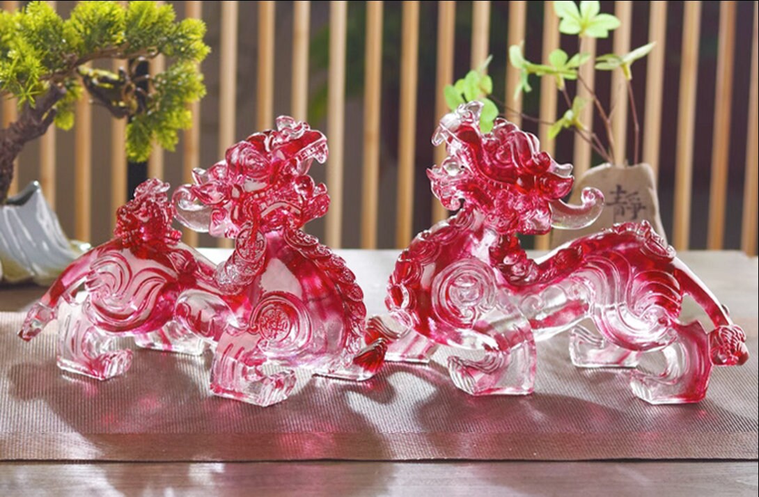 Auspicious Liu Li Glass Red Color Pi Xiu Sculpture & Statue | Fengshui | Good Fortune and Prosperity | Home Decor | Office Blessing