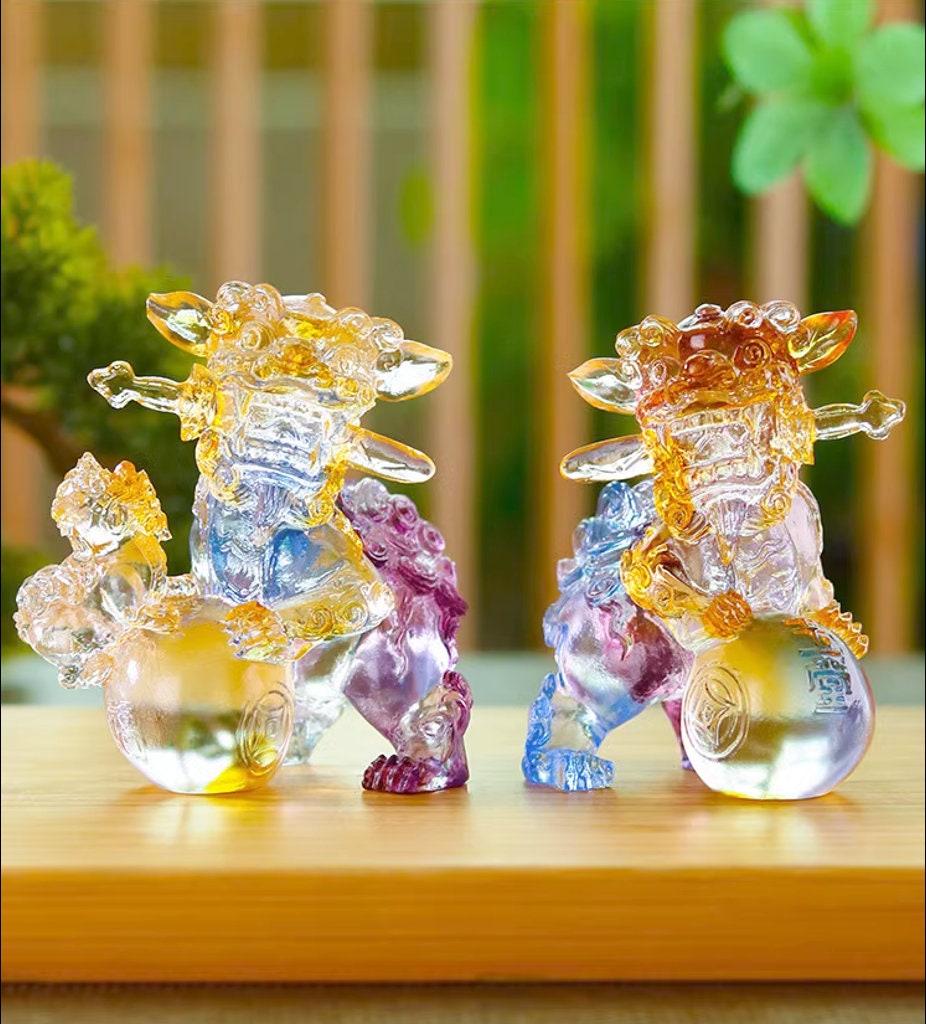 Auspicious Liu Li Foo Dogs Guardian Lion Sculpture & Statue | Fengshui | Home Decor | Office Blessing | Chinese architectural