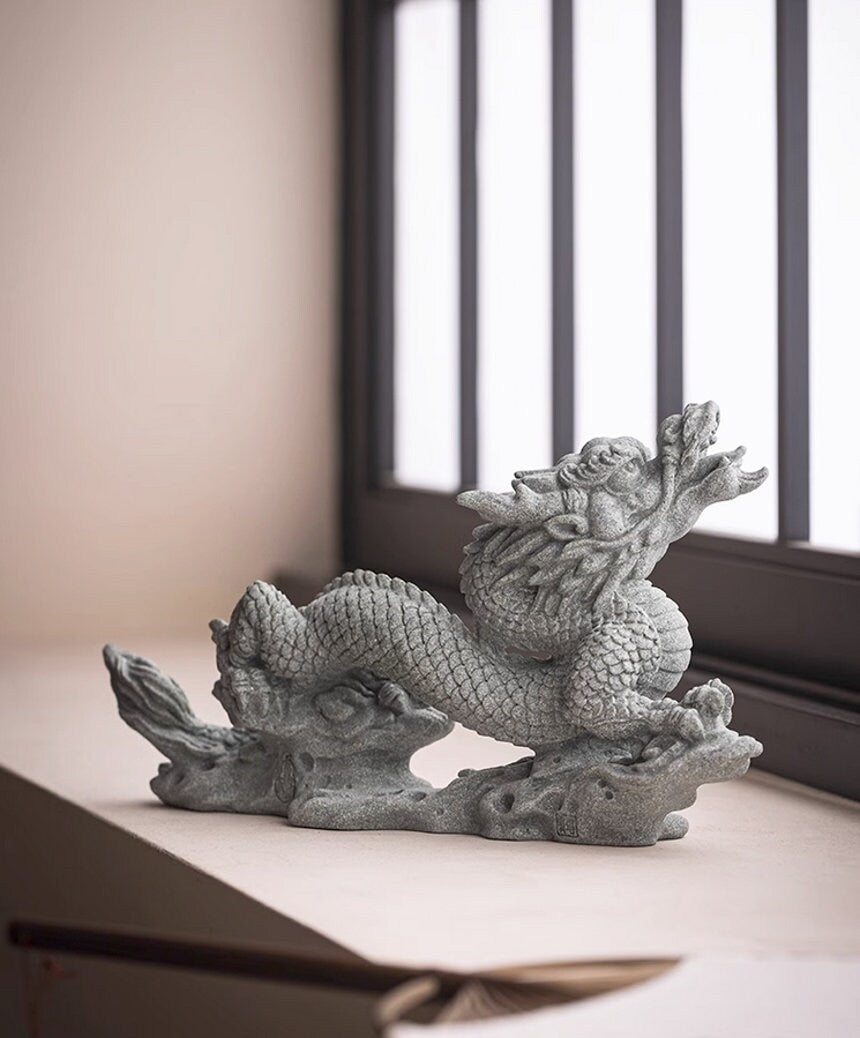 Green Sandstone Dragon Sculpture & Statue | Fengshui | Good Fortune and Prosperity | Home and Office Display