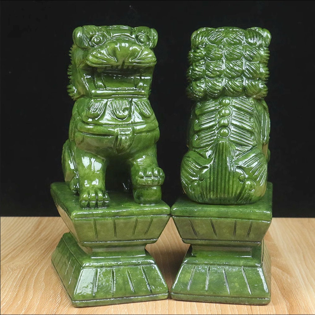 Auspicious Green Color Foo Dogs Guardian Lion Sculpture & Statue | Fengshui | Home Decor | Office Blessing | Chinese architectural