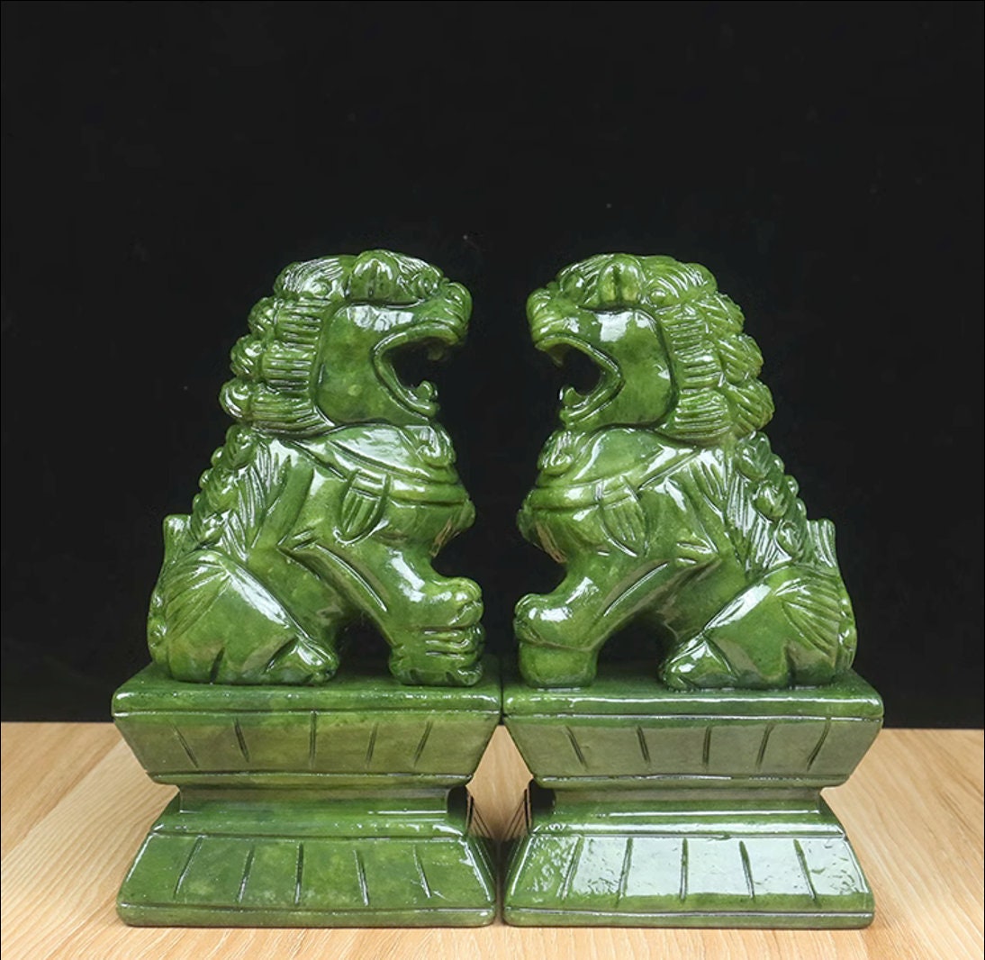 Auspicious Green Color Foo Dogs Guardian Lion Sculpture & Statue | Fengshui | Home Decor | Office Blessing | Chinese architectural