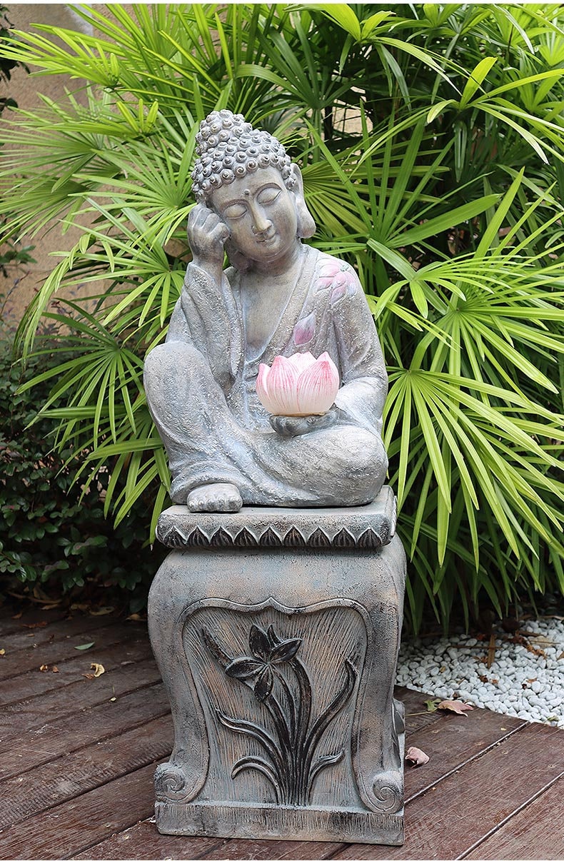 Handmade Resting Buddha Statue with Lotus Decoration Ornament | Outdoor Garden | House Warming Gift | Solar Energy