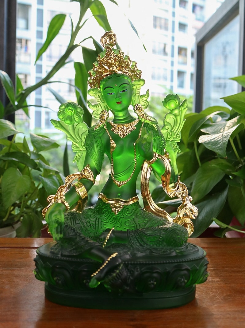 Liu Li Green Tara Buddha Statue with Gold Coating | Gift for him or her | Liu li Glass Sculputre Ornaments | Religion