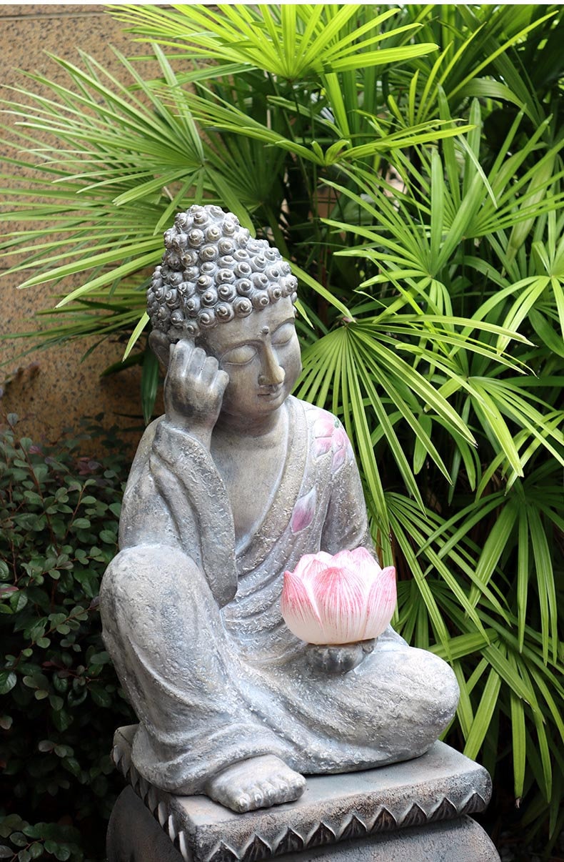 Handmade Resting Buddha Statue with Lotus Decoration Ornament | Outdoor Garden | House Warming Gift | Solar Energy