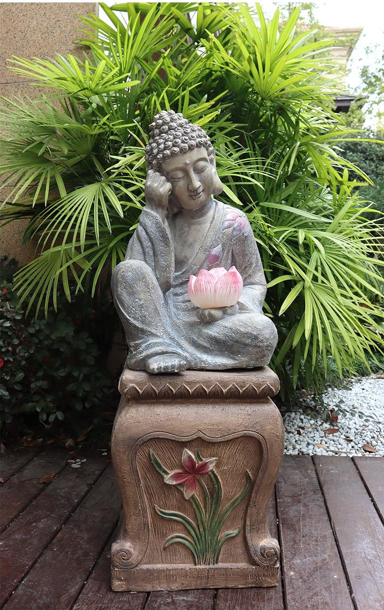 Handmade Resting Buddha Statue with Lotus Decoration Ornament | Outdoor Garden | House Warming Gift | Solar Energy