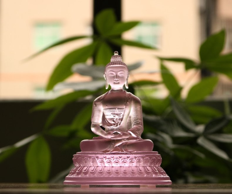 Liu li Glass Pink Buddha Statue | Gift for him or her | Ornaments and Sculpture | Religion | Meditation | Calm Serenity | Dhyana Mudra