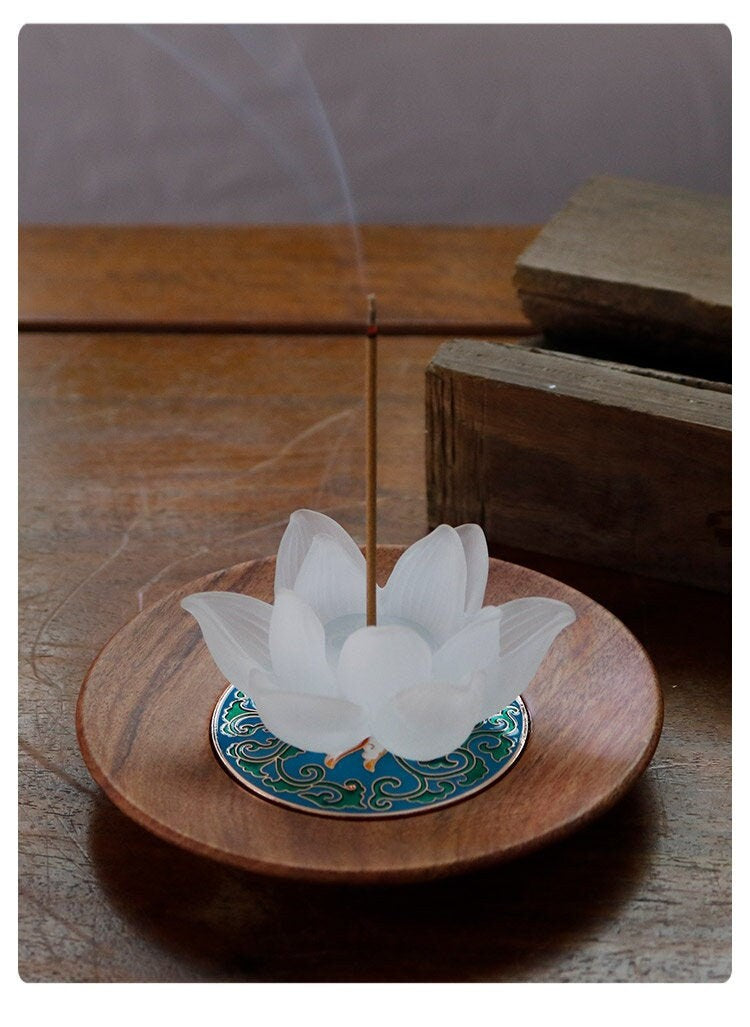 Meditation Liu Li Glass Lotus Incense Stick Holder with Handpainting Wooden Tray | Serenity Tranquility Calmness | Spirituality & Religion