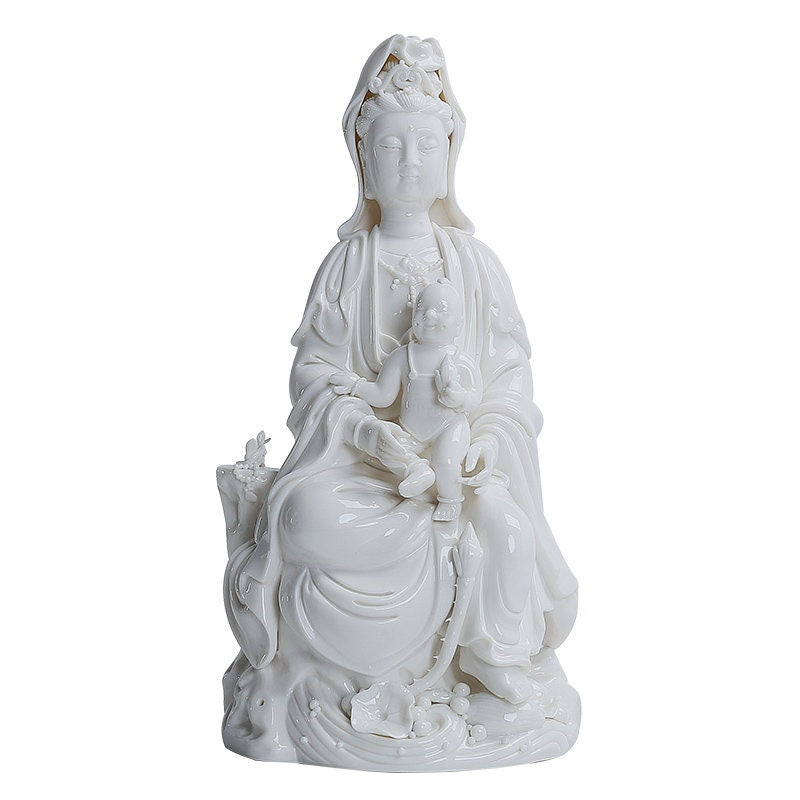 Handmade Guan Yin Carrying Baby Statue | Mindful Gift | Blessing | Buddha Statue