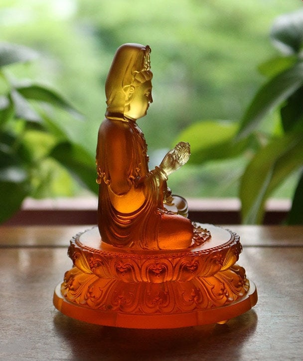 Liu Li Guan Yin Statue Ornament | Spiritual Religion | Gifting for him or her | Goddess of Compassion | Buddha Decoration | Orange Crystal