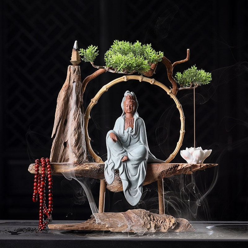 Porcelain Guan Yin Buddha Statue with Incense Burner Set | Mindful Gift | Housewarming Gift | Meditation | Home Decoration