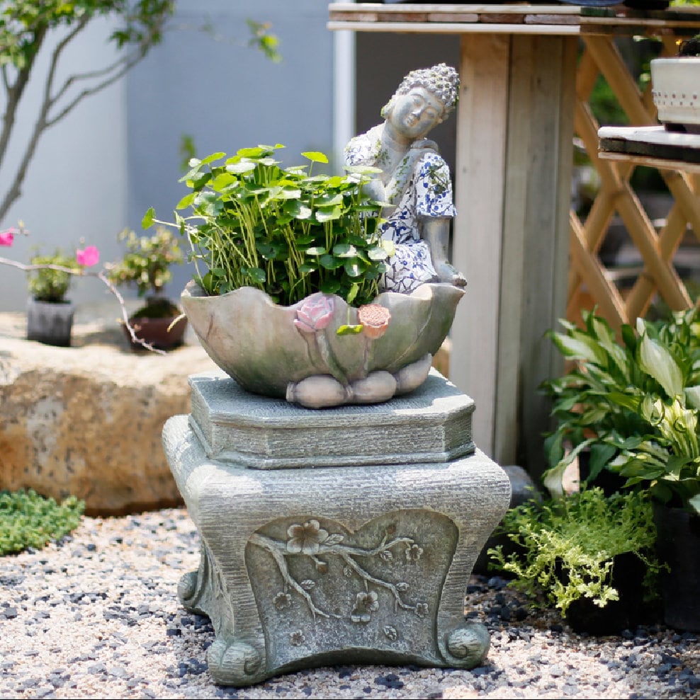 Handmade Resting Buddha Statue and Large Planter Decoration | Outdoor Garden Ornament  | Spiritual and Religion | Meditation