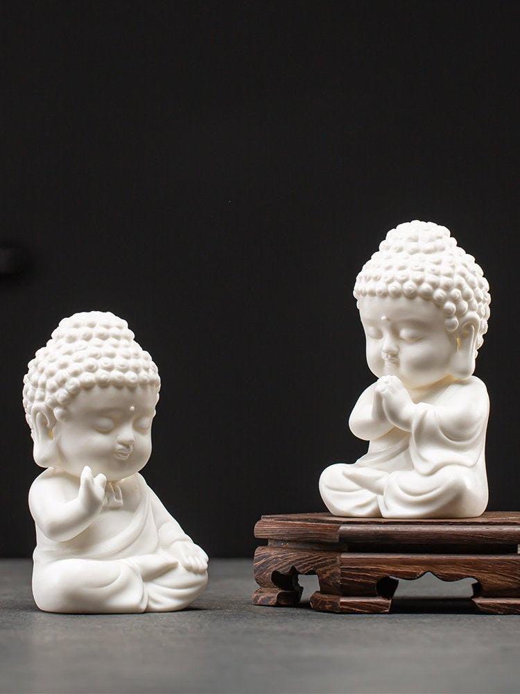 Ceramic White and Jade Green Buddha Statue Ornament | Home Garden Decoration | Planter Display | Meditation | Tea Pet