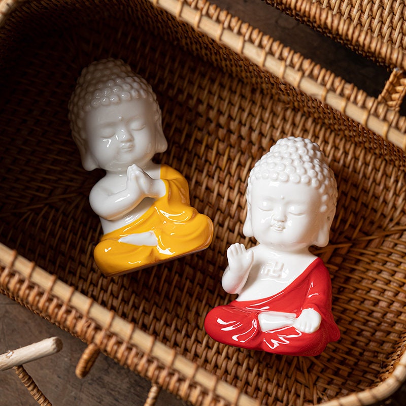 Ceramic Red and Yellow Buddha Statue Ornament | Gifting for him or her | Home Garden Decoration | Planter Display | Meditation