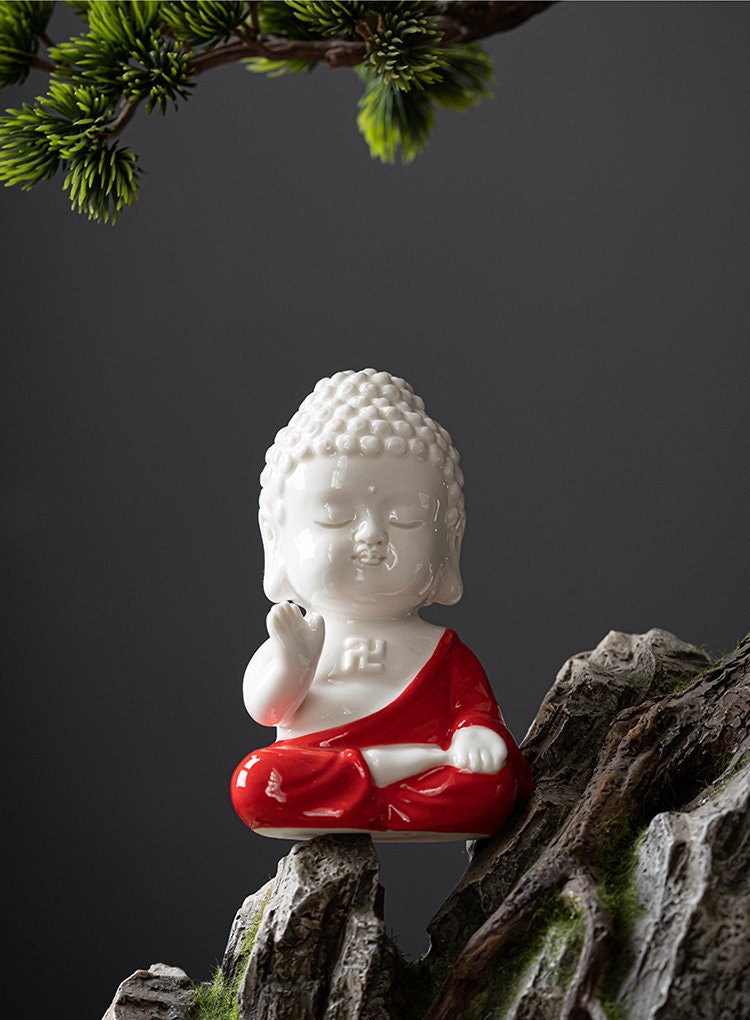 Ceramic Red and Yellow Buddha Statue Ornament | Gifting for him or her | Home Garden Decoration | Planter Display | Meditation