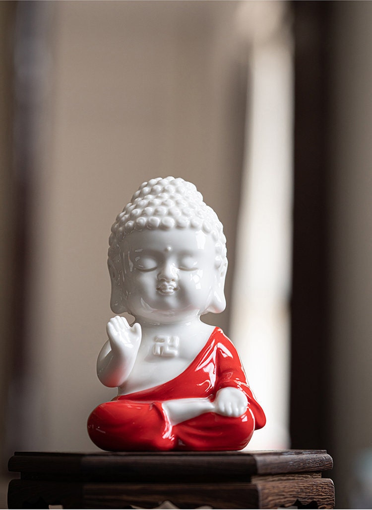 Ceramic Red and Yellow Buddha Statue Ornament | Gifting for him or her | Home Garden Decoration | Planter Display | Meditation