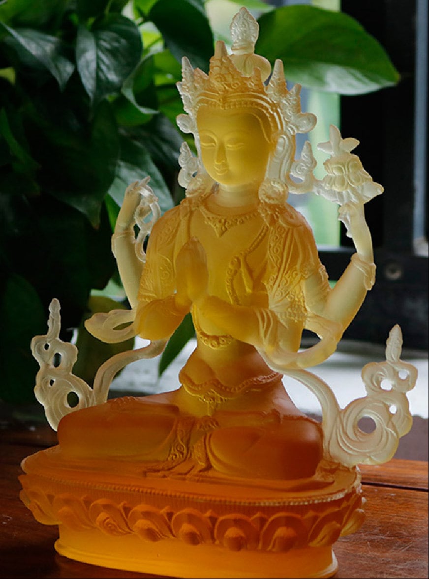 Liu Li Four Arm Guan Yin Statue | Spiritual Religion | Gifting for him or her | Goddess of Compassion | Crystal Art | Buddha Decoration