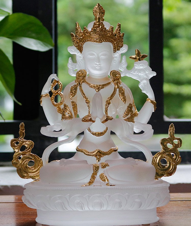 Liu Li Four Arm Guan Yin Statue | Spiritual Religion | Gifting for him or her | Goddess of Compassion | Crystal Art | Buddha Decoration